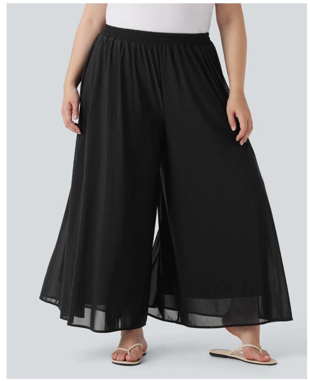 NWT Halara High Waisted Mesh Overlay Wide Leg Pants with Pockets Black XXL